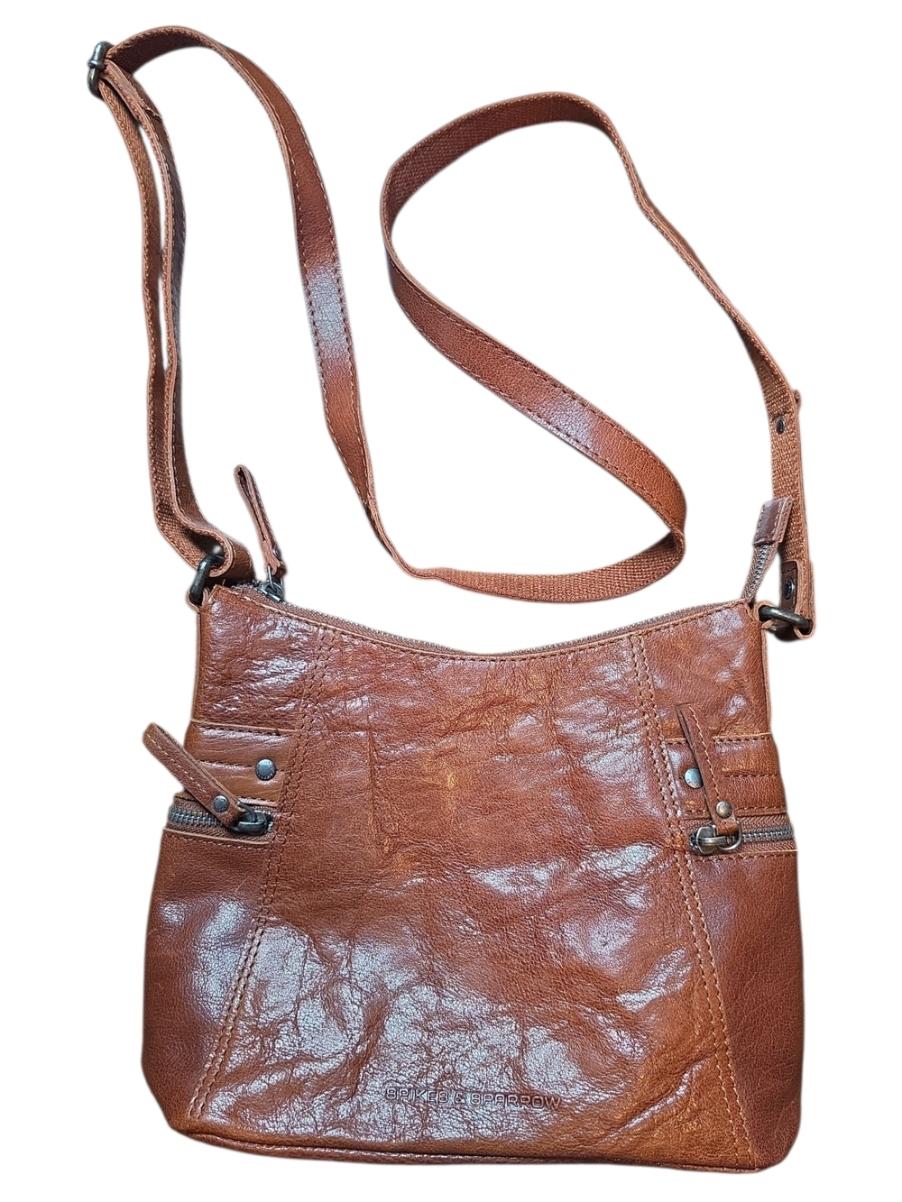 SPIKES & SPARROW | Brown Leather Crossbody Bag Purse Double Zip Multi Pocket
